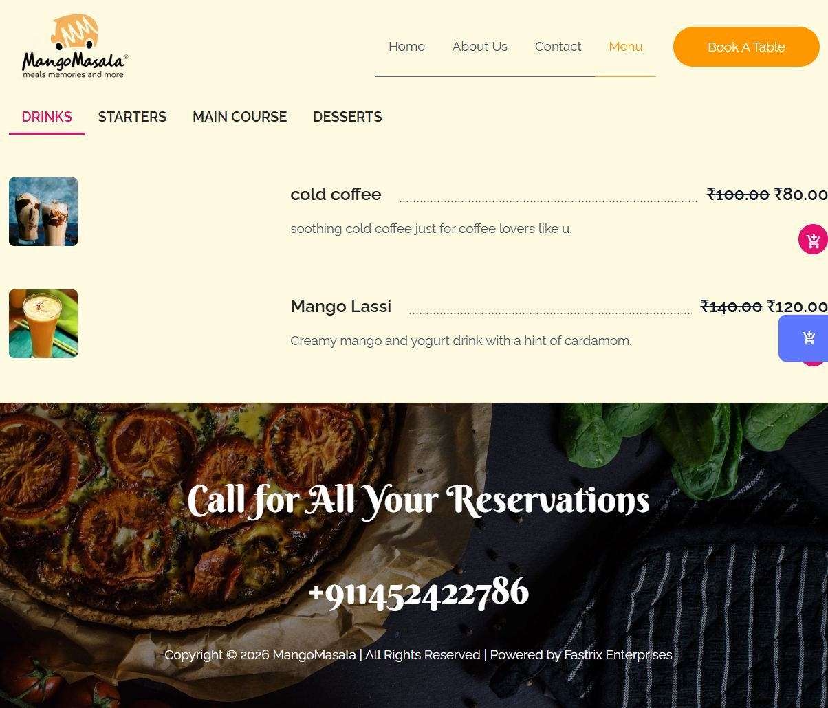 Mango Masala menu page screenshot