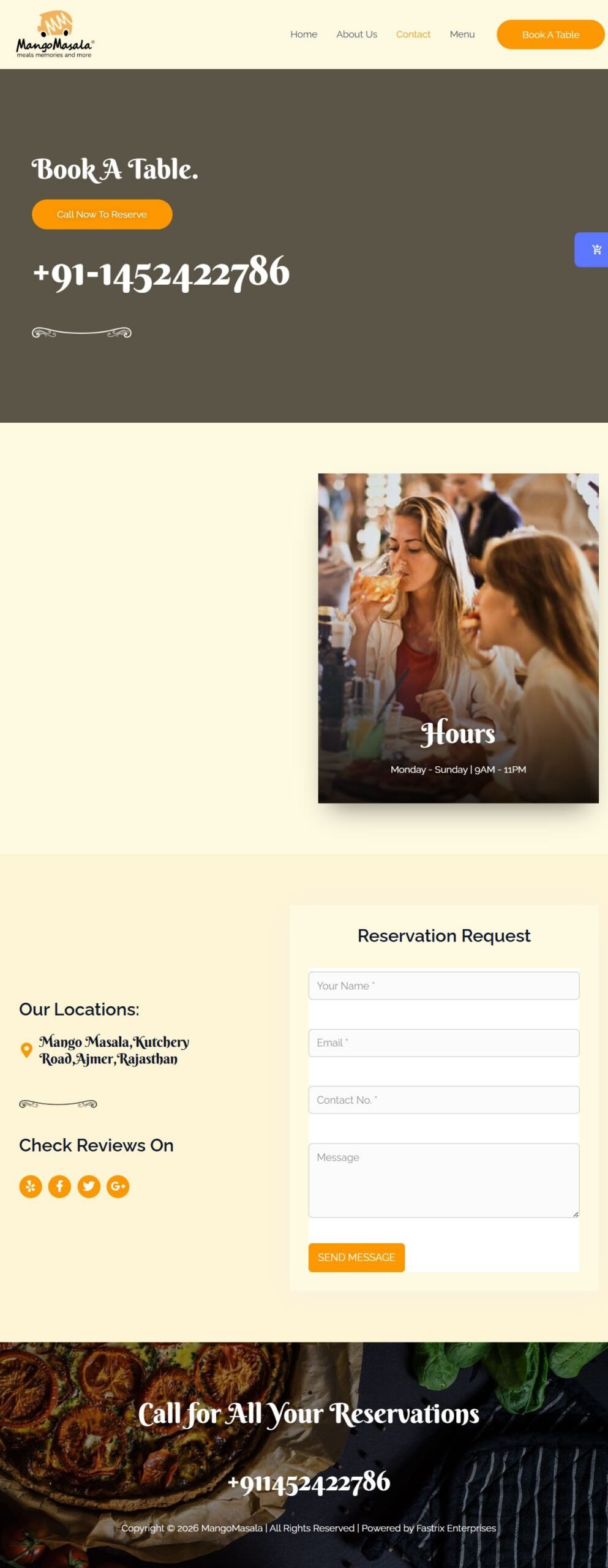 Mango Masala contact and table booking screenshot
