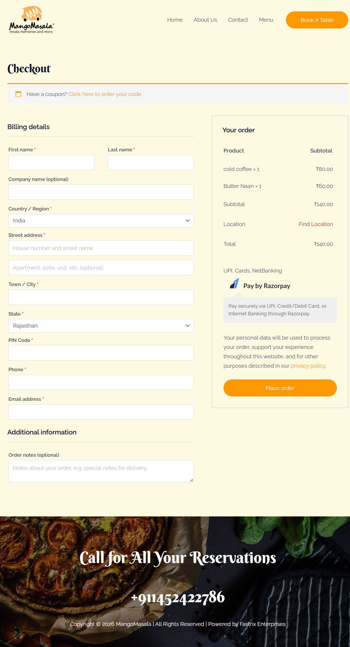 Mango Masala checkout and Razorpay payment screenshot